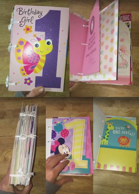 Cute idea for kids birthdays. Collect all of their cards and put them together in a book to look at later! Diy Birthday Book Ideas, Saving Birthday Cards Ideas, What To Do With Birthday Cards, Birthday Memory Ideas, Keepsakes For Kids, First Birthday Crafts, Birthday Card Book, Hattie Mae, Baby Books Diy