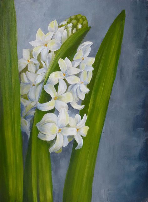 Painting White Hyacinth Hyacinth Painting, Flower Bouquet Spring, Hyacinth Flower, White Hyacinth, Mdf Panel, Birthday Card Drawing, Botanical Leaves, Card Drawing, Realism Art