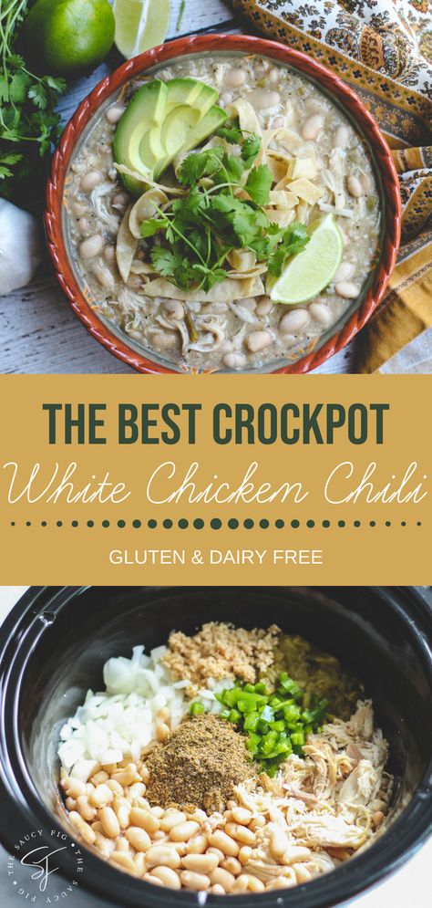 This super easy, healthy Crock Pot White Chicken chili is so delicious and has just the right amount of kick to it! Plus, it’s gluten and dairy-free! via www.thesaucyfig.com #chili #crockpot #slowcooker #easyrecipes #dinner #dairyfree #glutenfree Healthy Crock Pots, Crock Pot White Chicken Chili, Healthy Crock Pot, Chili Cookoff, Chicken Chili Crockpot, Crockpot White Chicken Chili, Best Crockpot, Chili Recipe Crockpot, Healthy Sweet Snacks