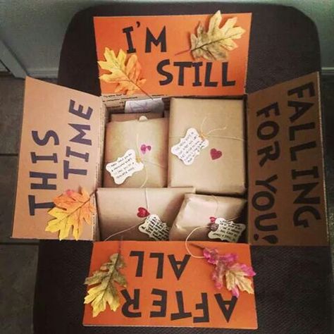 After all this time I'm still falling for you   Cute fall care package Thanksgiving Care Package, Fall Care Package, One Year Gift, Christmas Boyfriend, Still Falling For You, Easy Diy Christmas Gifts, Gifts Wrapping, Fall Care, Presents For Boyfriend