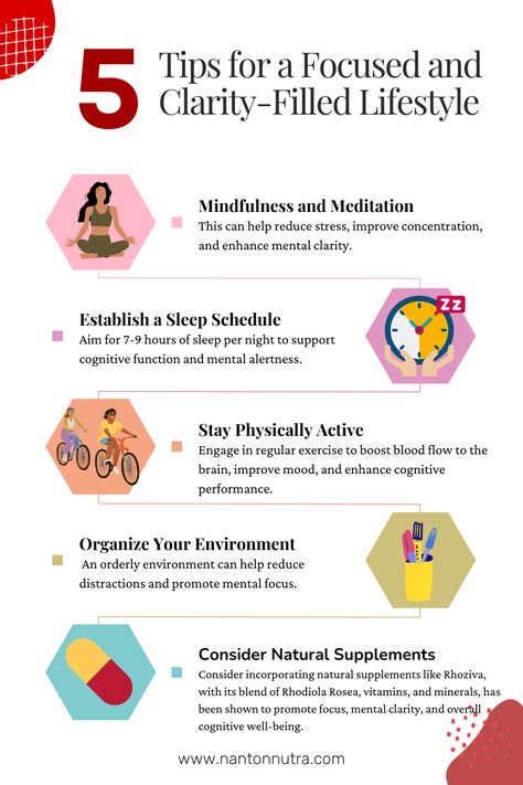 Practice Mindfulness and Meditation. Reduce stress, improve concentration, and gain mental clarity. Prioritize 7-9 hours of quality sleep for sharp cognitive function.Create a distraction-free space for heightened mental focus. Experience the power of Rhodiola Rosea and vital nutrients in Rhoziva for enhanced focus, mental clarity, and cognitive well-being. #FocusAndClarity #MindfulnessTips #QualitySleep #NaturalSupplements #MentalFocus #RhozivaEdge Cognitive Domain, Cognitive Exercises, Memory Improvement, Rhodiola Rosea, Practice Mindfulness, Brain Training Games, Brain Exercise, Improve Cognitive Function, Quality Sleep