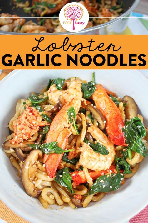 Lobster Noodles Recipe, Lobster Chunks Recipes, Yard House Garlic Noodles Recipe, Lobster Mushroom Recipes, Lobster Garlic Noodles, Asian Spaghetti, Lobster Noodles, Garlic Lobster, Easy Stir Fry Sauce