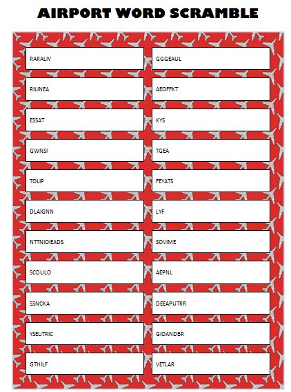 Airport Word Scramble (Free Printable) and Other Free Airport Games Word Games For Adults, Printable Travel Games, Printable Games For Adults, Aeroplane Party, Airplane Hacks, Airport Theme, Plane Party, Travel Binder, American Roadtrip