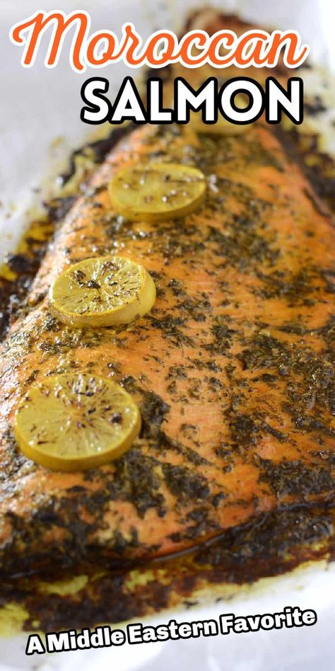 Salmon with fresh herbs and citrus with Pinterest overlay. Moroccan Salmon Recipe, Moroccan Recipe, Baked Fish Fillet, Moroccan Dishes, Baked Salmon Recipes, Salmon Dishes, Fish Dinner, Moroccan Food, Baked Fish