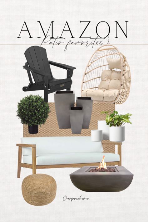 Bhg Outdoor Furniture, Black Adirondack Chairs Fire Pit, Black Adirondack Chairs On Porch, Adirondack Chairs Patio Ideas, Black Adirondack Chairs, Faux Greenery Outdoor, Outdoor Rug Patio, Pouf Footstool, Chair Planter