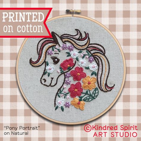 This hand embroidery kit includes a 7 inch embroidery pattern with a cute pony face design to stitch. The flower embroidery elements are good way to learn beginner crewel embroidery. It can be a gift for a baby shower, a handmade embroidery hoop art piece made for a baby nursery decor or even for a custom quilt piece. Great for horse lover gift.  The pony pattern has a thread palette of 6 colours. The pre printed embroidery design on organic cotton linen fabric means no need to struggle with trace and transfer. Choose the contents of your kit and background fabric colour. High quality DMC supplies ensuring top quality product while being eco friendly too. This is a great DIY craft kit for a horse lover. Ideal for intermediate or willing beginner embroidery fans. Also makes a lovely gift or Embroidery Elements, Pony Design, Embroidery Things, Pony Embroidery, Face Diy, Cute Pony, Horse Embroidery, Printed Embroidery, Learning To Embroider