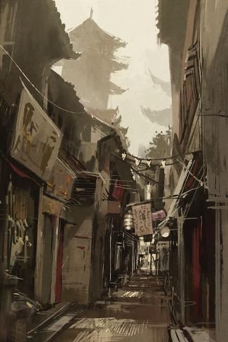 size: 12x8in Photographic Print: Chinatown Alley with Traditional Chinese Buildings by grandfailure : Traditional Chinese Buildings, Shanghai Aesthetic, Buildings Illustration, Ancient China Aesthetic, Chinese Painting Traditional, Chinese Buildings, Chinese Lantern Festival, Old Shanghai, Traditional Chinese Art