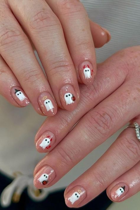 25 Super Cute Ghost Nails & Halloween Nails to Try This Year Colorful Ghost Nails, Halloween Charm Nails, Ghost And Pumpkin Nails, Ghost Nail Designs, Cute Ghost Nails, Mushroom Nails, Ghost Nail, Ghost Nails, Pumpkin Nail Art