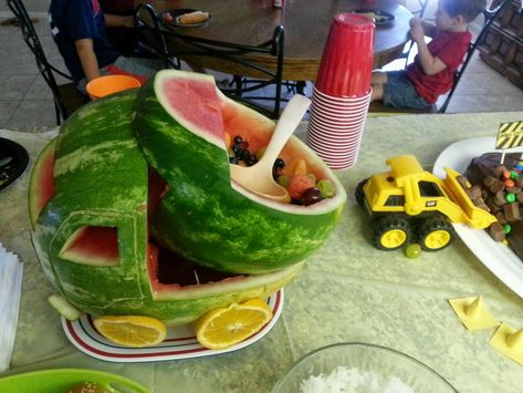 Toddler Warden: The Boy is 3. Don't Sing To Him. Watermelon Construction Truck, Fruit Construction Party, Tractor Watermelon, Watermelon Tractor, Tonka Party, Fruit Truck, Watermelon Truck, Digger Party, Dump Truck Birthday Party