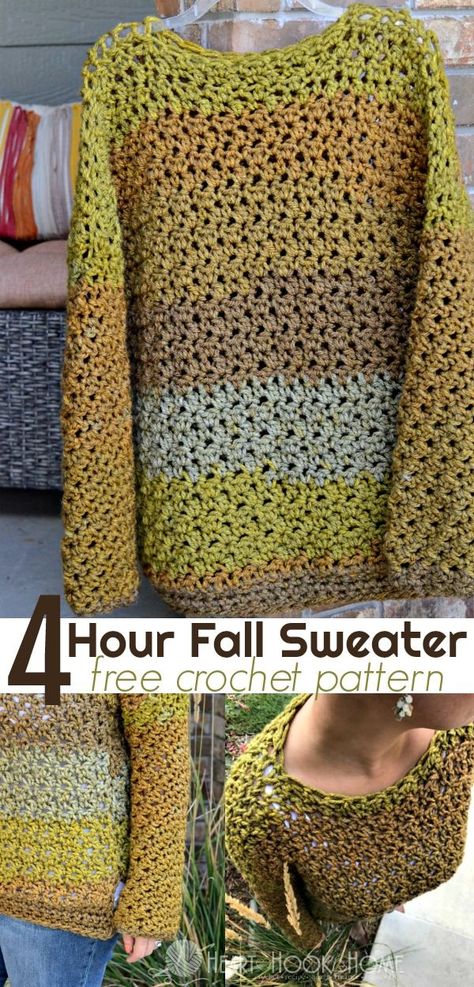 Four Hour Fall Sweater Free Crochet Pattern Poncho Au Crochet, Crochet Sweater Free, Cardigan Au Crochet, Crochet Jumper, Confection Au Crochet, Crochet Sweater Pattern Free, Pull Crochet, Crochet Simple, Crochet Fall