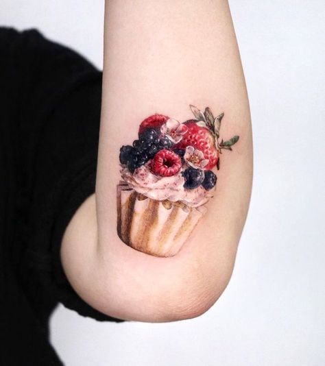 Dessert Tattoo, Candy Tattoo, Cupcake Tattoos, Food Tattoos, Elbow Tattoos, Badass Tattoos, Up Tattoos, Time Tattoos, Dope Tattoos