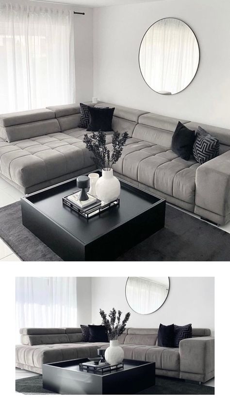 Modern Grey Sofa Living Room, Black Living Room Decor, Modern Apartment Living Room, Home Screen Layout, Sitting Room Decor, Grey Interior Design, Latest Living Room Designs, Elegant Living Room Design, Modern Sofa Living Room