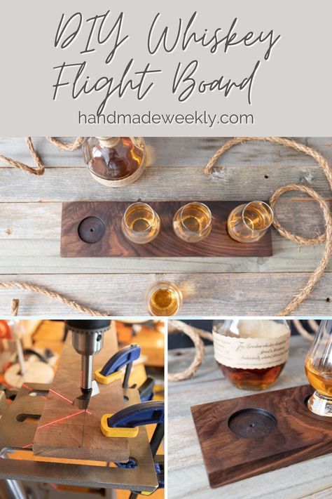 Full woodworking tutorial to make your own whiskey, bourbon or scotch flight board. This simple woodworking project makes a perfect handmade gift for loved ones. Wine Wood Projects, Soup Flight Board, Whiskey Tray, Make Your Own Whiskey, Diy Whiskey, Flight Board, Easy Small Wood Projects, Bourbon Cocktail Recipe, Creative Gift Baskets