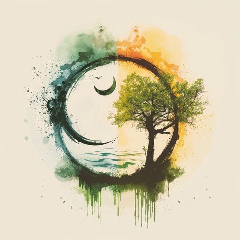 This painting expresses sustainability and the eternal cycle of nature. Within the circular intersection of the moon and the sun, a solitary tree represents the changing of seasons and the passage of time. The gentle hues of watercolor and dripping paint depict the soft beauty of nature and the fragility of our surrounding environment, prompting us to rethink our harmony with the natural world.
#sustainability #nature #painting #seasons #moon #sun #watercolor #environment #harmony #ecosystem Watercolor Environment, Painting Seasons, The Moon And The Sun, Sun Watercolor, Moon And The Sun, Goods Design, Earth Drawings, Dripping Paint, Soft Beauty