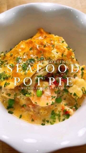 Lobster Bisque With Puff Pastry, Seafood Potpie Recipe, Seafood Puff Pastry Recipes, Seafood Pot Pie Puff Pastry, Unique Seafood Recipes, Shrimp Puff Pastry Recipes, Seafood Breakfast Recipes, Seafood Potpie, Seafood Pot Pie Recipe