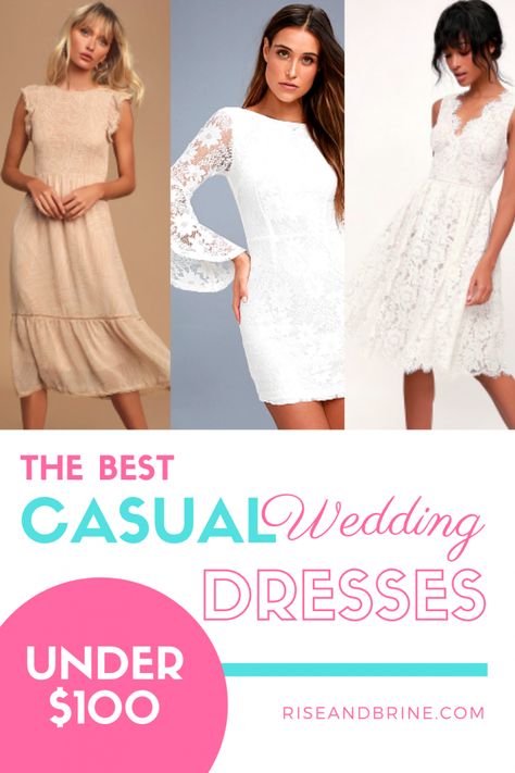 The Best Casual Wedding Dresses Under $100 • Rise and Brine Womens Casual Wedding Dress, Casual Winter Wedding Dress Simple, Casual Wedding Dress For Second Marriage, Very Casual Wedding Dress, Fall Casual Wedding Dress, Casual Wedding Bride Outfit, 3rd Marriage Wedding Dress, Simple Courthouse Wedding Dress Casual, Casual Backyard Wedding Dress Simple