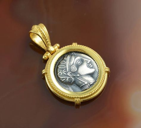 Silver Coin Jewelry, Greek Goddess Athena, Ancient Coin Pendant, Gold Coin Jewelry, Coin Frame, Goddess Of Wisdom, Golden Pendant, Goddess Athena, Ancient Greek Coin