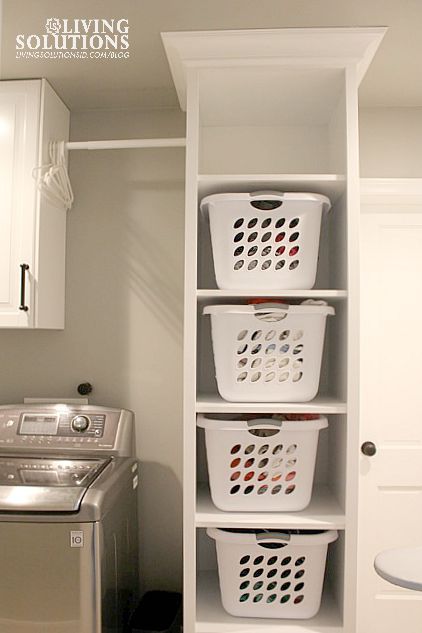 Laundry Basket Shelves, Laundry Room Hacks, Laundry Room Storage Shelves, Laundry Room/mud Room, Room Storage Diy, Laundry Room Shelves, Laundry Room Remodel, Laundry Closet, Laundry Room Diy