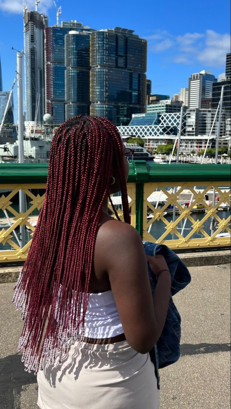 Red Plaits Box Braids, Wine Red Box Braids, Maroon Braids With Beads, Christmas Box Braids, Red Braids On Dark Skin, Burgundy Braids With Beads, Maroon Box Braids, Dark Red Box Braids, Dark Red Knotless Braids