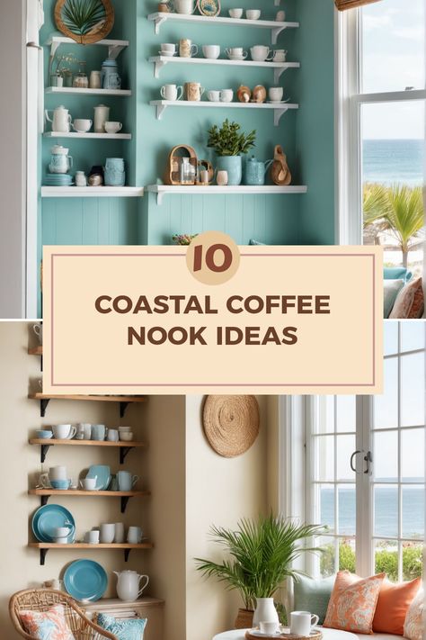 Ready to turn your coffee corner into a beachy paradise? Check out these 10 fabulous ideas for coastal-style coffee nooks that will add a touch of seaside serenity to your home. Think dreamy open shelving with pastel dishware, cozy seating areas that invite you to relax, and charming decor that gives you vacation vibes every day! Let this guide inspire you to create a warm and inviting space to sip your morning brew while enjoying the essence of coastal charm. Your dream coffee nook awaits! Coastal Coffee Bar Ideas, Coastal Coffee Bar, Coffee Nook Ideas, Coffee Nooks, Coffee Table Inspiration, Coffee Bar Ideas, Coastal Breeze, Nook Ideas, Coffee Nook