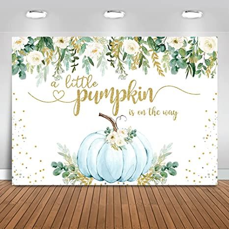 Pumpkin Baby Shower Backdrop, Backdrop Greenery, Shower Background, Party Cake Table, Baby Shower Background, Blue Pumpkin, Banner Photo, Cake Table Decorations, Shower Backdrop