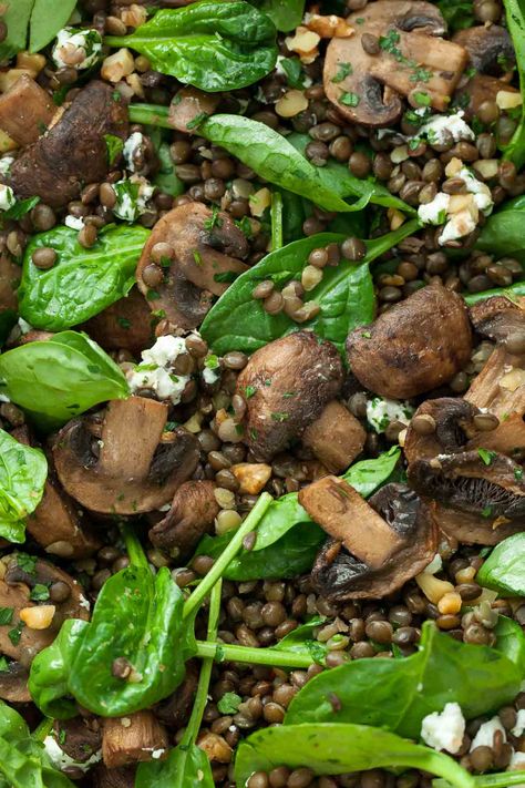 This simple yet satisfying black lentil salad with spinach, mushrooms and goat cheese makes a great healthy lunch or light dinner. Black Lentil Salad Recipes Cold, Lentils Spinach Recipe, Lentil And Goat Cheese Salad, Black Beluga Lentils, Lemony Lentil Salad With Feta, Black Lentils, Crimini Mushrooms, Sherry Vinegar, Cremini Mushrooms