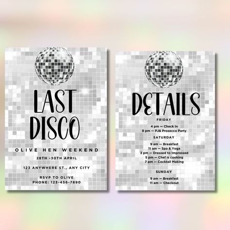 Disco Bachelorette Invite, Bridal Shower Disco, The Last Disco, Bachelorette Party Retro, Colorful Disco Ball, Disco Ball Graphic, Last Disco Bachelorette Party, Funky Typography, Last Disco Bachelorette