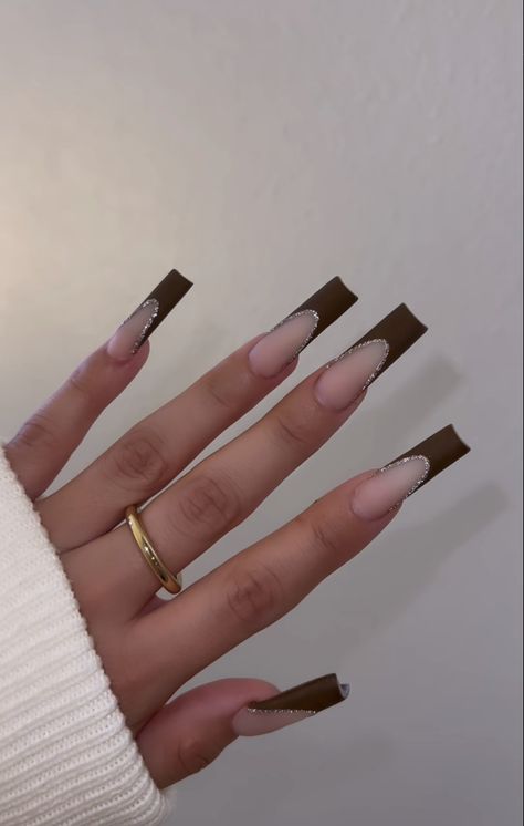 Neutral Brown Nails Acrylic Coffin Long, Brown French Tip Nails Square Long, Brown Acrylic Nails With Initial, Nail Inspo Long Square Brown, White And Brown French Tip Nails, Brown Full Set Nails, Brown French Tip Matte, Long Brown Acrylic Nails With Rhinestones, Graduation Nails Brown