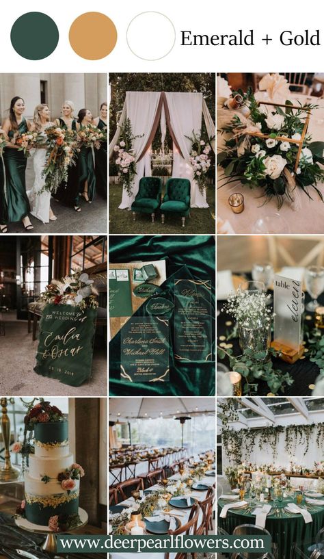 Green And Gold Wedding Theme, Gold Wedding Theme Ideas, Emerald Green And Gold Wedding, Brown Wedding Themes, Green Fall Weddings, Gold Beach Wedding, Emerald Green Wedding Theme, Top Wedding Colors, Green And Gold Wedding