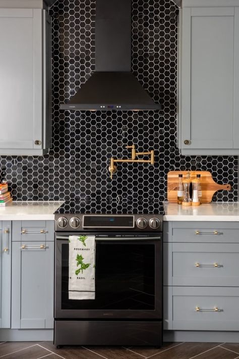 kitchen with black hex tile backsplash and gold pot filler over range Backsplashes With White Cabinets, Kitchen Backsplashes With White Cabinets, Hex Tile Backsplash, Classic Backsplash, Backsplash For White Cabinets, Black Backsplash, Kitchen Diy Makeover, Kitchen Backsplashes, Gray Cabinets