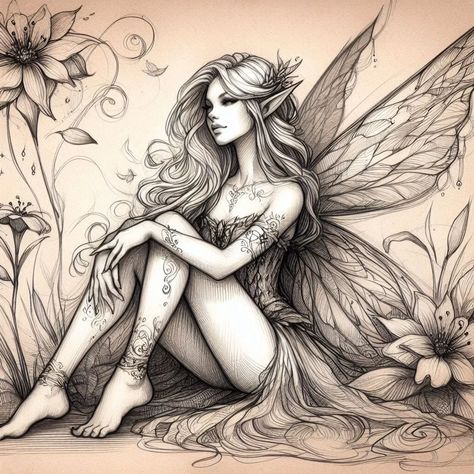 I will design a mind blowing custom and unique tattoo for you Fairy Portrait Drawing, Fairy Arm Tattoo, Fairy Tattoo Designs Unique, Fairy Sleeve Tattoo, Gothic Fairy Tattoo, Elf Tattoo, Fairy Portrait, Book Inspired Tattoos, Voodoo Doll Tattoo