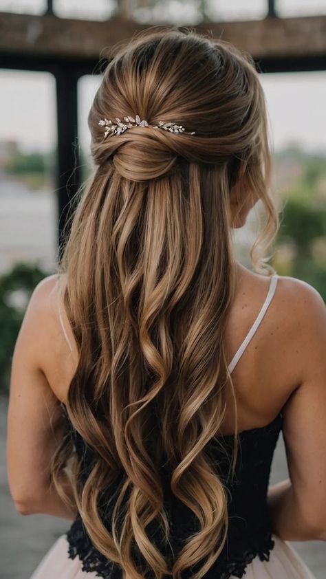 Perfectly Chic: 15 Bridesmaid Hairstyles to Steal the Show - Inspire Inlet Half Up With Straight Hair, Straight Hairstyles Wedding, Hair Bangs Straight, Ponytail Wedding, Black Ponytail, Wedding Hairstyles For Medium Hair, Long Brunette Hair, Bangs Straight, Guest Hair