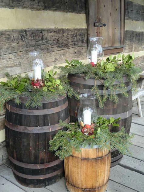 Wine Barrel Christmas Decor, Christmas Picture Background, Christmas Decir, Whiskey Barrel Decor, Winter Porch Decor, Wine Barrel Decor, Cabin Christmas Decor, Outdoor Tree Lighting, Barrel Decor