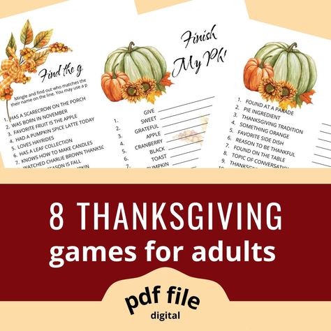 Fun Thanksgiving / Friendsgiving Games for Adults (printable, pdf) – Relaxed Hostess Friendsgiving Games For Adults, Dinner Party Games For Adults, Luau Party Games, Thanksgiving Games For Adults, Fun Thanksgiving Games, Friendsgiving Games, Drama Activities, Dinner Party Games, Fall Family Fun