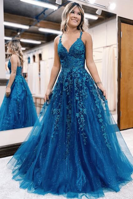 Where to buy Top 8 Formal Dresses 2023 styles online? | Pimenta de Açúcar Prom 2k23, Blue Lace Prom Dress, Country Stuff, Blue Evening Dresses, Blue Tulle, Gowns Prom, Senior Prom, School Dances, A Line Prom Dresses