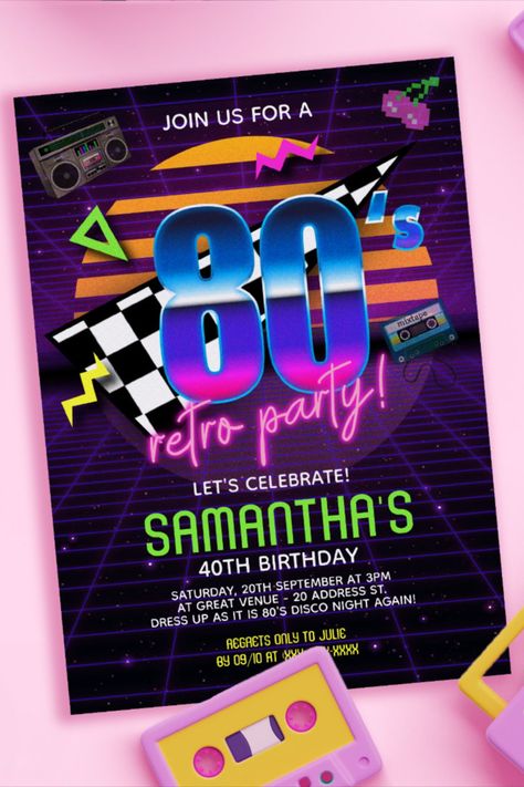 80s Retro Birthday Party Invitation 80s Retro Birthday Party Invitation - Travel back to the totally bodacious 80’s with this one in a million retro 80s birthday invitation #oldschool #80s #eighties #retro #fourty #40thbirthday #birthday #happybirthday #birthdaycards #birthdayparty Eighties Party, Retro Birthday Party, Birthday Party Flyer, Retro Birthday Parties, 80s Birthday, Throwback Party, 80th Birthday Invitations, 80s Theme Party, Bday Invitations