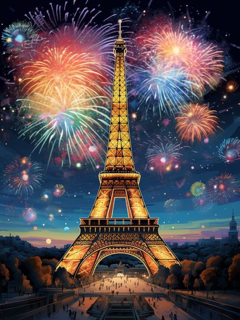 Eiffel Tower at Night Fireworks Paintings, Paris At Night Drawing, Fireworks Digital Art, Eiffel Tower At Night Painting, Love And Travel, Colorful Fireworks, Eiffel Tower Art, Disneyland Paris Fireworks, Disney Castle Fireworks