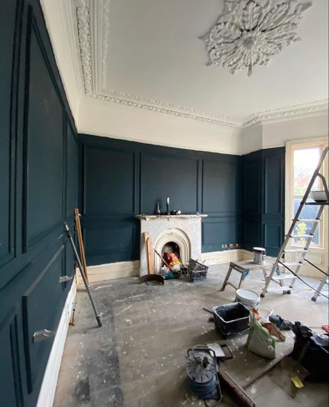 Green Panelled Wall Living Room, Navy Panelling Dining Room, Panelled Walls Painted, High Panelling Living Room, Panelled Sitting Room, Lounge With Panelling, Victorian Panelling Living Rooms, Panneling Rooms Living Room, Panelled Walls Living Room