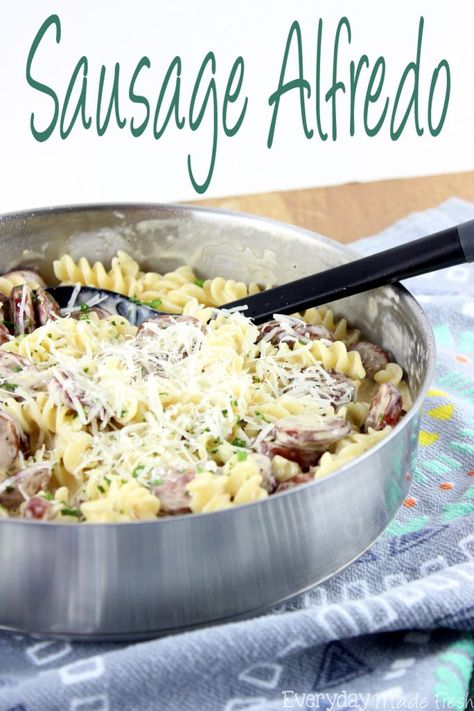 Creamy alfredo sauce, cajun seasoning, and smoked sausage make this Sausage Alfredo a dinner with 5 ingredients, and ready in less than 20 minutes.| EverydayMadeFresh.com Sausage Alfredo, Sausage Broccoli, Creamy Alfredo Sauce, Homemade Alfredo, Ground Sausage, Sweet Italian Sausage, Alfredo Recipe, How To Make Sausage, Smoked Sausage