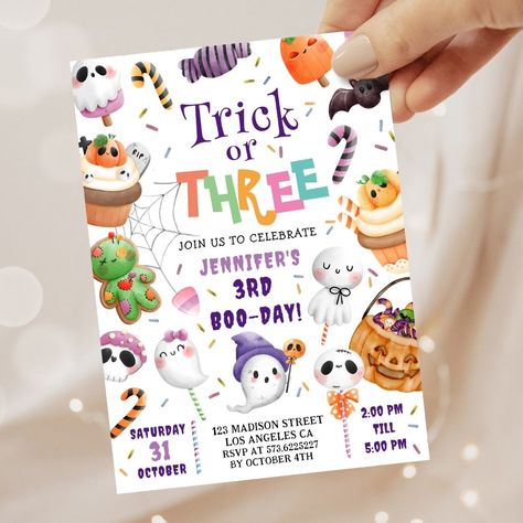 Trick or Three! Cute Purple Halloween 3rd Birthday Invitation Birthday Party Halloween Theme, 3rd Birthday Invitation, Invitations Halloween, Ghost Cute, Halloween Purple, Halloween Birthday Invitations, Pink Ghost, Invitation Halloween, Third Birthday Party