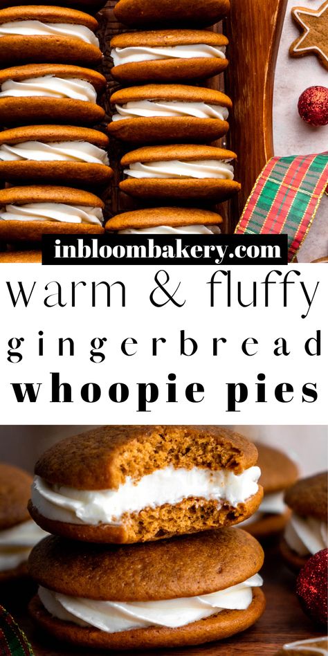 Gingerbread whoopie pies are soft and fluffy gingerbread cookies, full of warm Christmas spices and are filled with luscious cream cheese frosting. Healthy Whoopie Pies, Fluffy Cookie Frosting, Fall Whoopie Pie Recipe, Ginger Whoopie Pies, Gingerbread Whoopie Pies Recipe, Gingerbread Woopy Pies, Chocolate Peppermint Whoopie Pies, Easy Whoopie Pies Cake Mixes, Whoopi Pies Recipe