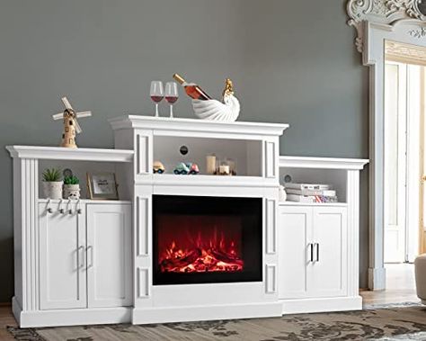 Console With Shelves, Fireplace With Mantel, Entertainment Center With Storage, Electric Fireplace With Mantel, Mantel Fireplace, Modern Entertainment Center, Tv Shelf, Electric Fireplace Tv Stand, White Fireplace