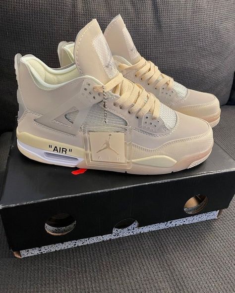 Air Jordan 4 x Off-White Beige Air Jordans 1 Mid, Jordan 4 Off White, Zapatillas Jordan Retro, Jordan 4’s, Jordan Retro 4, Sneakers Jordans, White Jordans, Jordan 4s, Black Jordans