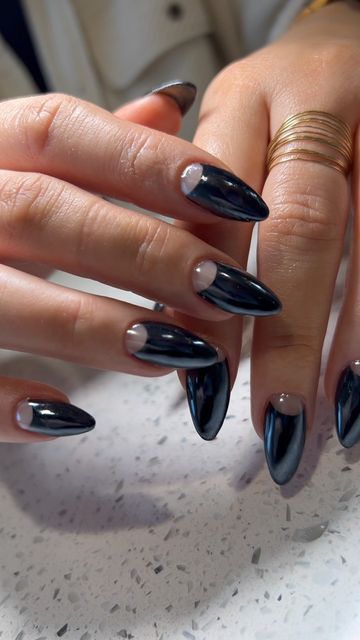 Half Moon French Tip Nails, Chrome Half Moon Nails, Red Half Moon Almond Nails, Half Moon French Nails, Black Glazed Nails, Black Half Moon Nails, Half Moon Nail Designs, Crescent Nails, Crescent Moon Nails