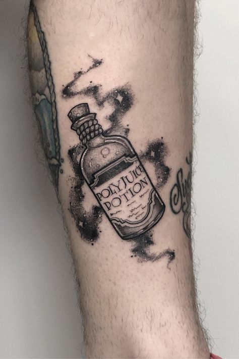 Polyjuice Potion Tattoo, Wizarding World Tattoo, Harry Potter Potion Tattoo, Harry Potter Tattoos Sleeve, Harry Potter Sleeve Tattoo, Slytherin Tattoo Ideas, Harry Potter Inspired Tattoos, Love Potion Tattoo, Harry Potter Tattoo Designs