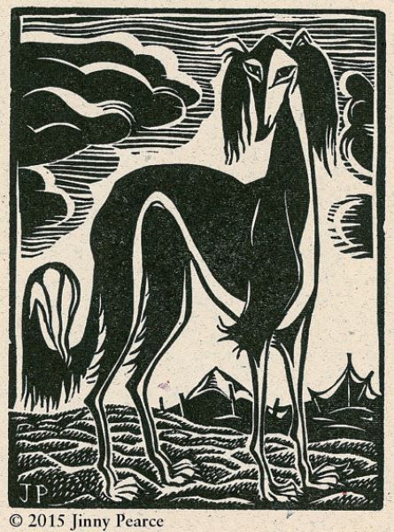 "Desert Saluki" - A Letterpress Lino Block Print by artist Jinny Pearce, as seen on Etsy.com. Saluki Tattoo, Saluki Art, Saluki Drawing, Whippet Silhouette, Saluki Dogs Art, Vintage Greyhound Illustration, Sighthound Art, Saluki Dogs, Art Deco Greyhound