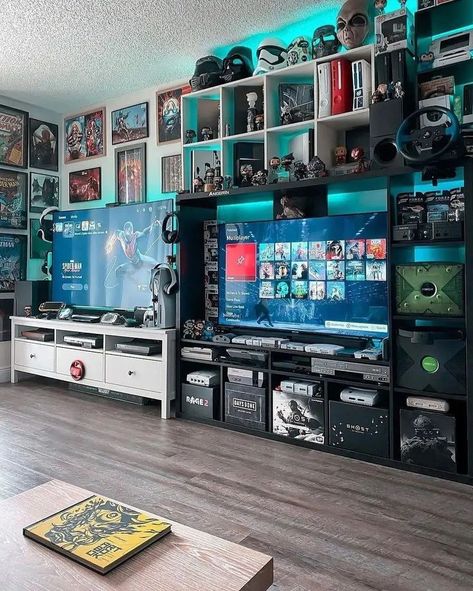 Gamer Living Room, Wood Outdoor Kitchen, Kitchen Design Wood, Games Room Inspiration, Gaming Collection, Gamer Bedroom, Small Game Rooms, Retro Games Room, Gamer Room Decor