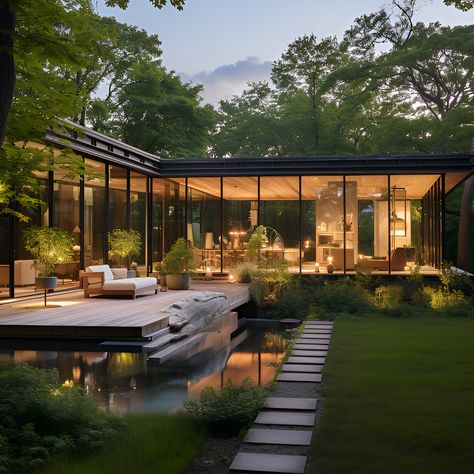 Modern House With Tree Inside, Modern Nature House Exterior, Modern Eco Home Exterior, Glass Exterior House, Forest Glass House, Glass House In The Woods, Small Glass House Design, Glass Front House, Glass House Design Modern