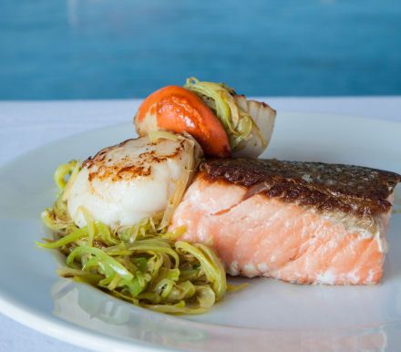 Seafood Trail :: Recipe: Salmon with Scallops Salmon And Scallops Recipe, Scallops Recipe, Recipe Salmon, Salmon Farming, Salmon Skin, Easy Seafood, Scallop Recipes, Fresh Fish, Salmon Fillets