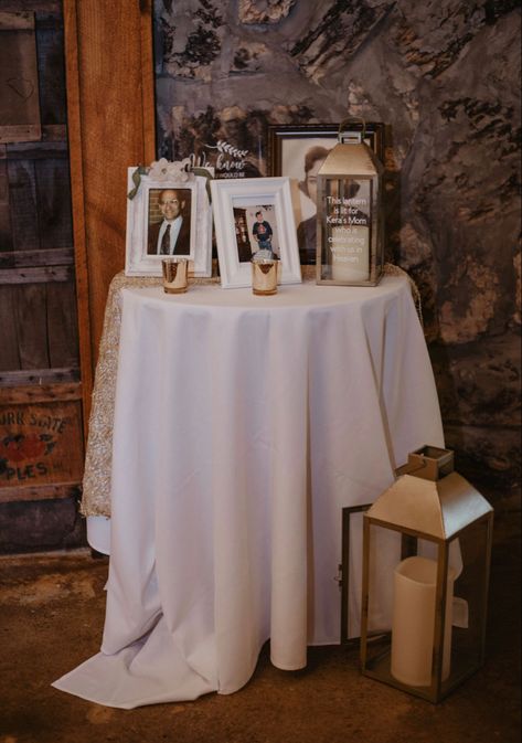 Wedding Memorial table, gold decor, candles, pictures, lantern Small Memorial Table Wedding, Candles Pictures, Wedding Memorial Table, Memorial Table, Memory Table Wedding, Memory Table, Decor Candles, Wedding Lanterns, Wedding Memorial